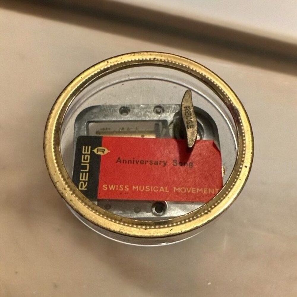 Vintage Reuge Music Box Happy Anniversary in Plastic Case Swiss Movement Works